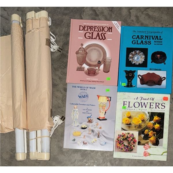 Fluorescent Light Fixtures and 4 Books: Depression Glass, Carnival Glass, Flowers, Wade