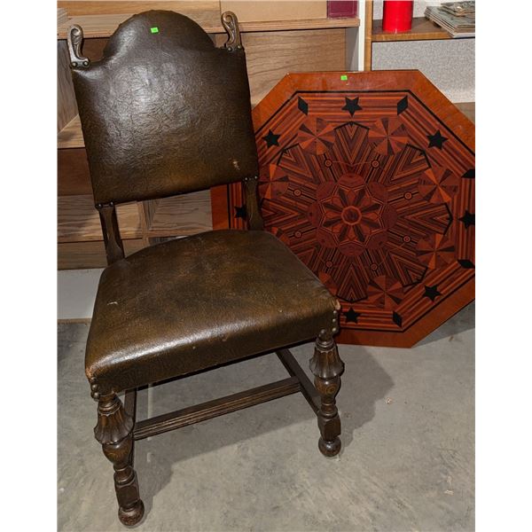 Octagonal Inlaid Tabletop Missing Legs and Leather Upholstered Wood Chair