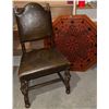 Image 1 : Octagonal Inlaid Tabletop Missing Legs and Leather Upholstered Wood Chair