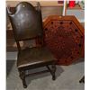 Image 2 : Octagonal Inlaid Tabletop Missing Legs and Leather Upholstered Wood Chair