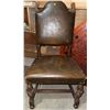 Image 3 : Octagonal Inlaid Tabletop Missing Legs and Leather Upholstered Wood Chair