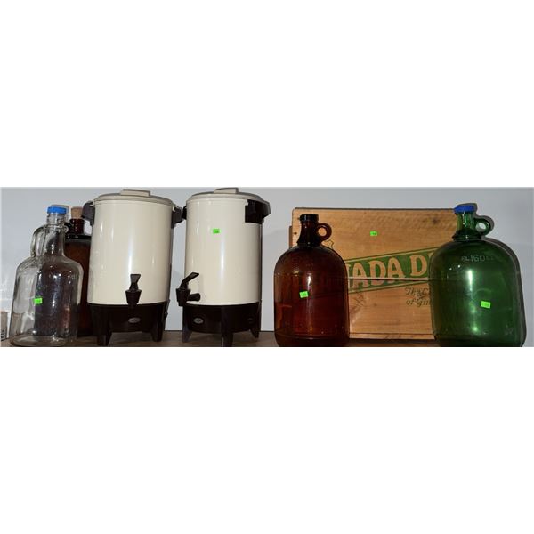 West Bend Coffee Urns, Old Brown Bottles, Canada Dry Wooden Box, Glass Jug Assortment