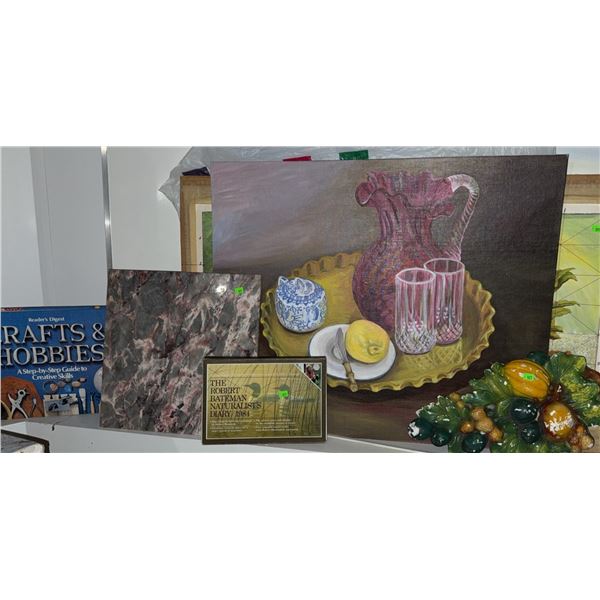 Lot With Still Life Painting, Crafts Book, Plaque, and Fruit Wall Décor