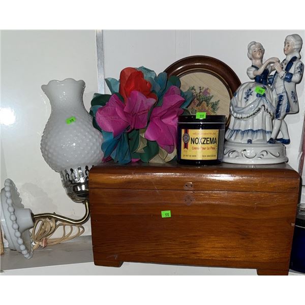 Milk Glass Wall Lamp, Solid Wood Jewellery Box, Noxzema Jar and Victorian Figurine