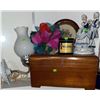 Image 1 : Milk Glass Wall Lamp, Solid Wood Jewellery Box, Noxzema Jar and Victorian Figurine