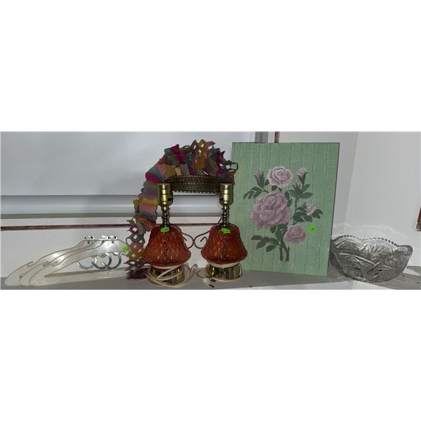Decorative Items: Pair of Glass Table Lamp Bases, Art, Crystal Bowl, Hangers