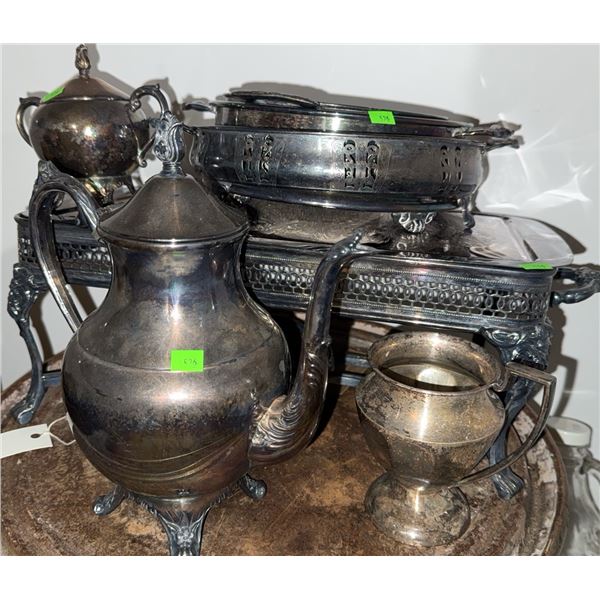 Silver Plated Tea Set with Tray, Teapot, Sugar Bowl, Creamer and Covered Serving Dish