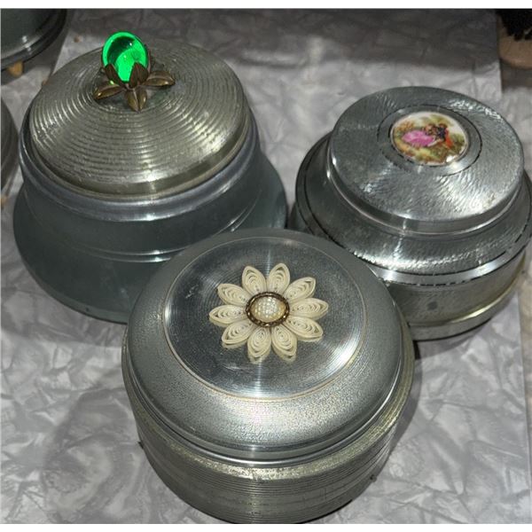 Three Vintage Metal Jewelry Boxes and Music Boxes with Decorative Lids