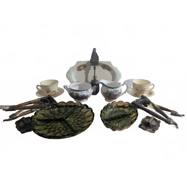 English China, Green Glass Dishes and Brass Fireplace Tools Lot
