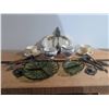 Image 2 : English China, Green Glass Dishes and Brass Fireplace Tools Lot