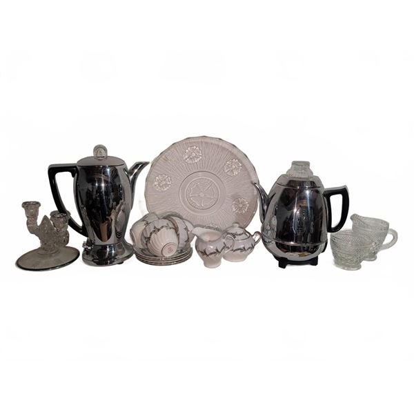 Coffee Percolators, Glass Plate, Candleholder, Tea Set and Glass Cups