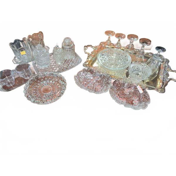 Pressed Glassware and Crystal Tableware with Silver-Tone Serving Tray