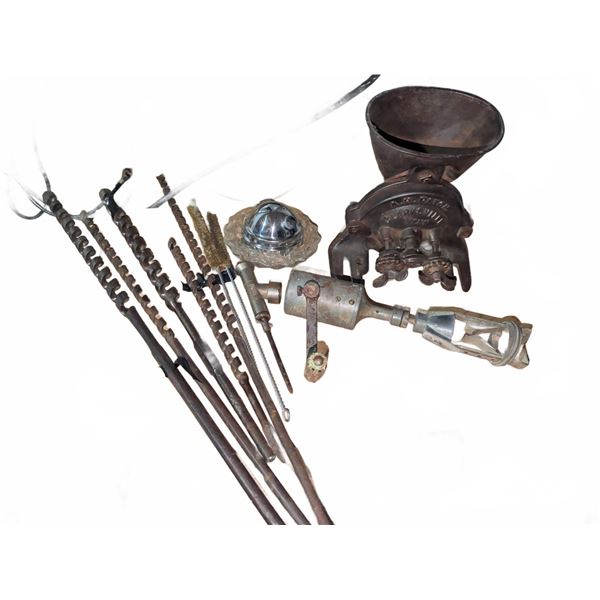 A.H. Patch Corn Sheller With Vintage Auger Bits, Drill Crank, and Cleaning Brushes