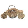 Image 1 : Pressed Glass Serving Bowl with Metal Handle and Three Matching Bowls