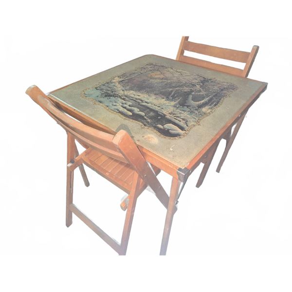 Folding Wooden Card Table with Winter Scene Print and Four Folding Wooden Chairs