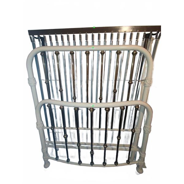 Brass and White Painted Metal Bed Frame with Ornate Fleur-de-Lis Detailing