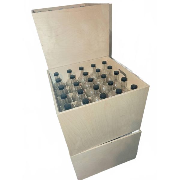 48 Clear Glass Bottles with Black Caps in Wooden Storage Crates