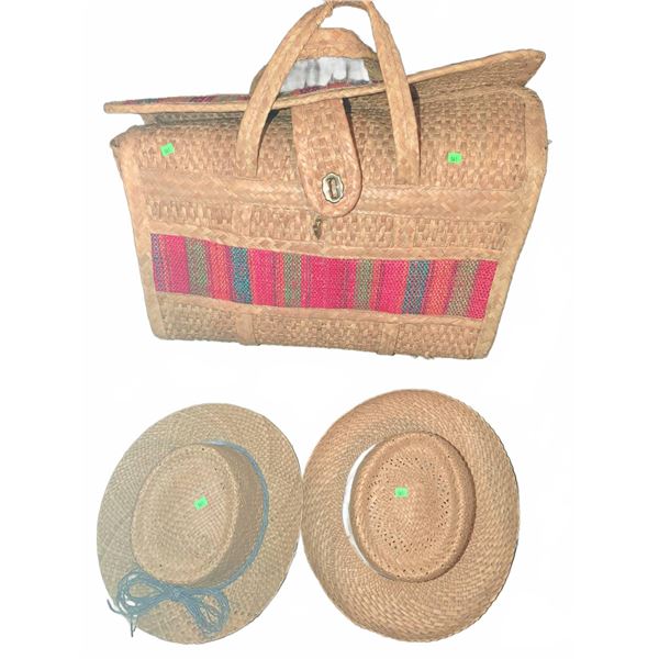 Vintage Wall Paper w/ Woven Straw Tote & 2 Straw Hats