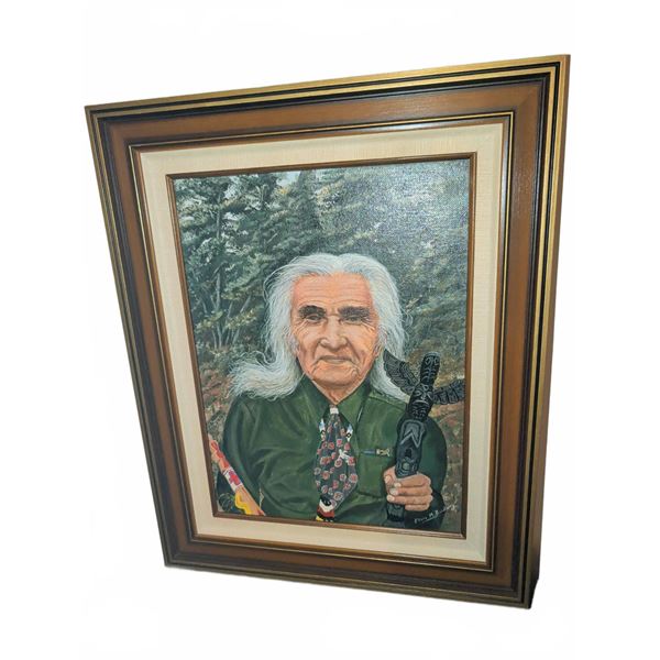 Framed Oil Painting of Elder Holding Carved Object by Elaine M. Budney