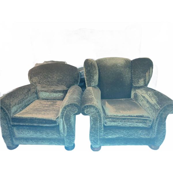 Green Velvet Upholstered Armchairs with Rolled Arms and Loose Cushions