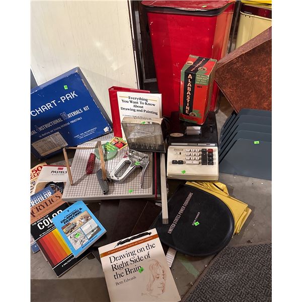 Paper Cutter, Drawing Books, Adding Machine, Red Garbage Can, Chart-Pak Kit and Miscellaneous
