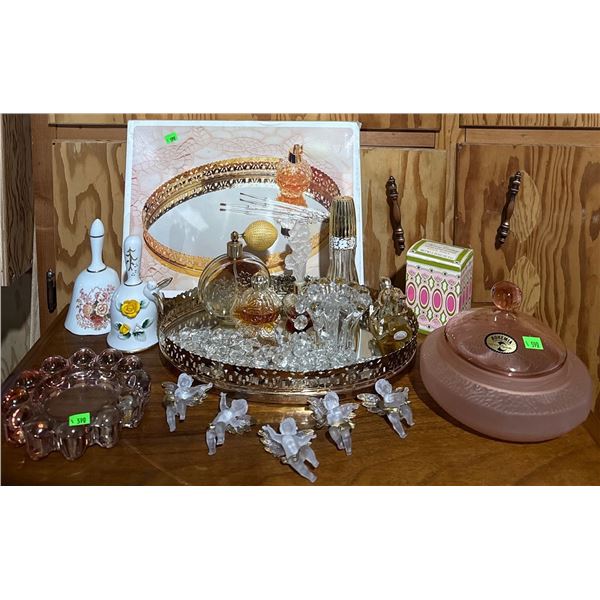 Avon Perfume Bottles, Brass Tray, Pink Bohemian Crystal Covered Dish, Czechoslovakia
