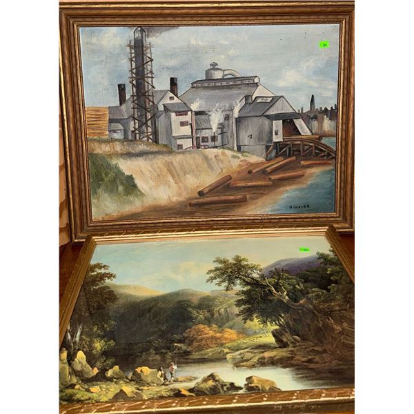 H Glover Industrial Building Oil Painting and Framed River Landscape Print
