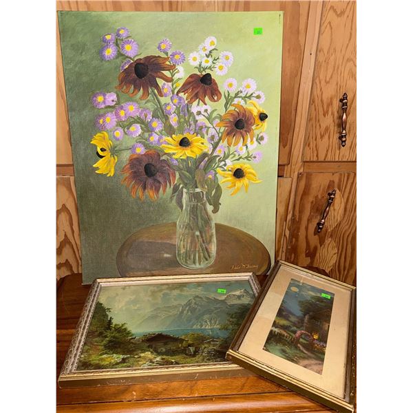 Floral Still Life Painting by Elise Budney and Two Framed Prints, Landscape and Cottage