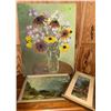 Image 1 : Floral Still Life Painting by Elise Budney and Two Framed Prints, Landscape and Cottage