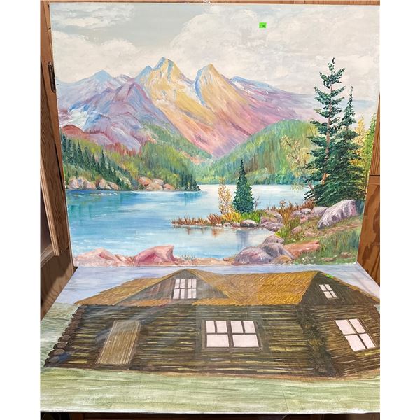 Paintings by Elise Budney: Mountain Lake Scene and Fold-Out Rustic Cabin