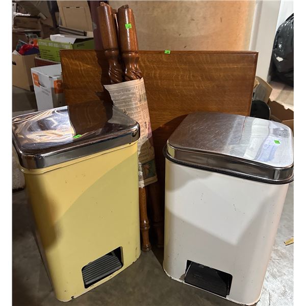 Vintage Wood Table with Turned Legs and Two Vintage Metal Step Garbage Cans