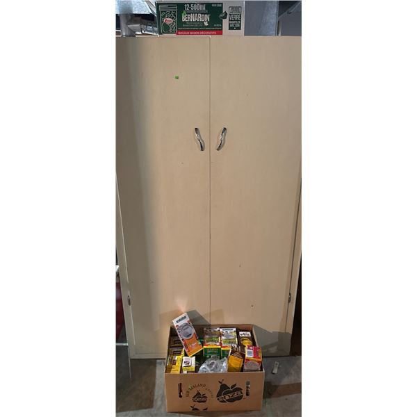Tall Wooden Storage Cabinet With Mixed Canning Supplies and Glass Jars