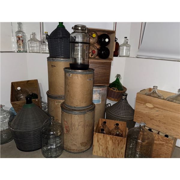 Glass Carboys with Wooden Crates and Wicker-Covered Vessels