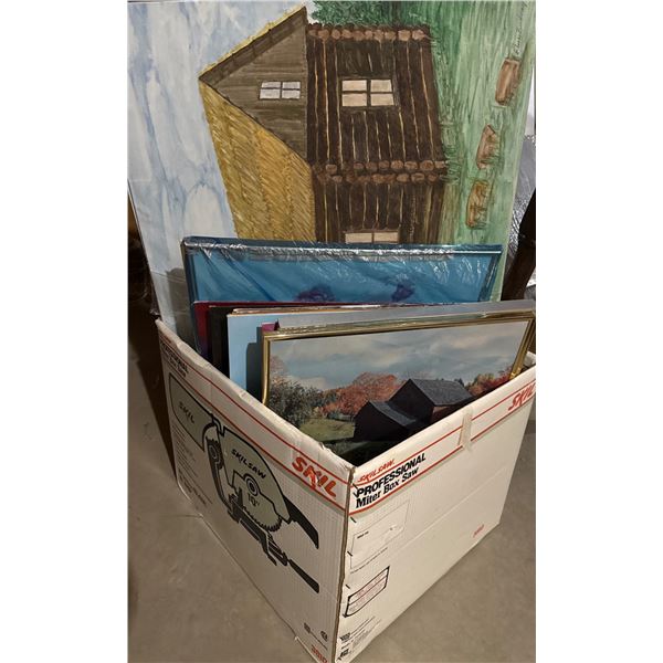 Box Lot of Assorted Paintings and Blank Canvases