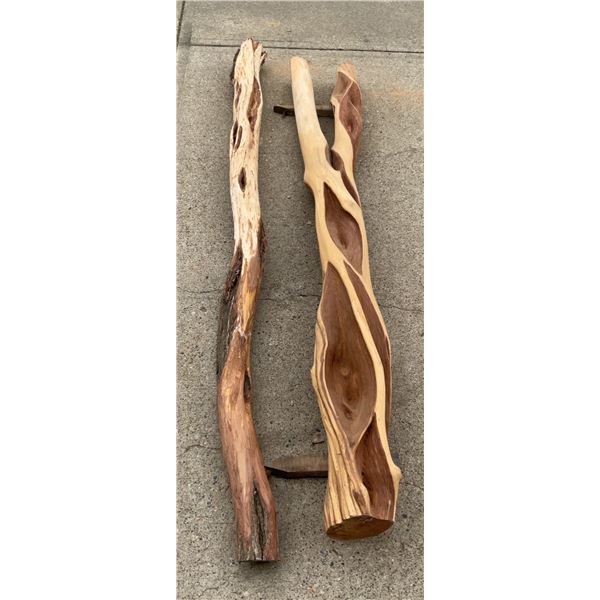 Yew Wood Pieces, One Rough, One Carved, Each Over 66 Inches Long