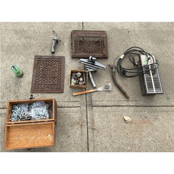 Wooden Box With 25 Lbs. Nuts and Bolts, Cast Iron Grates, Heater, Pipe Fittings and Hardware