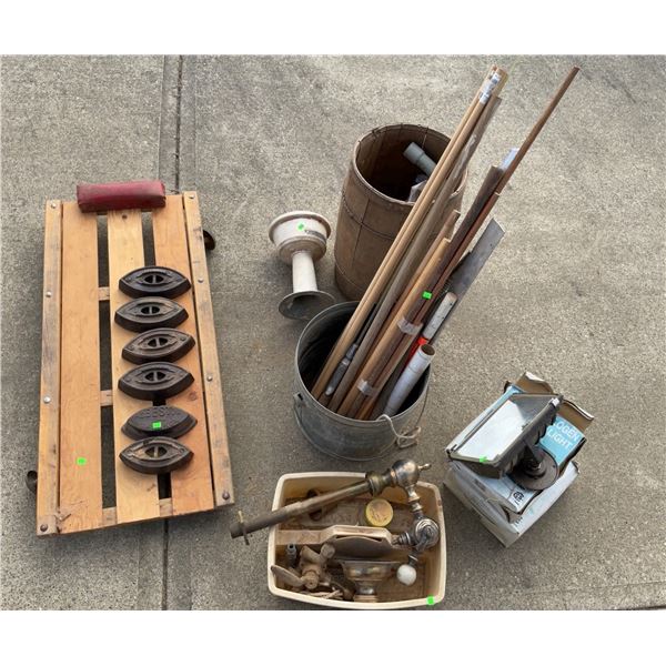 Automotive Creeper, Assorted Cast Iron Irons, Mixed Metal Fixtures, Floodlights and Scrap