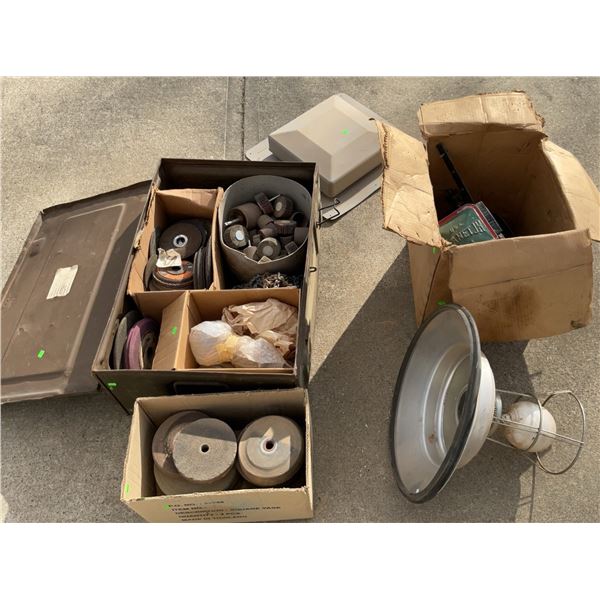 Seed Planter, Grinding Wheels, Flap Discs, and Heavy Metal Storage Box Lot