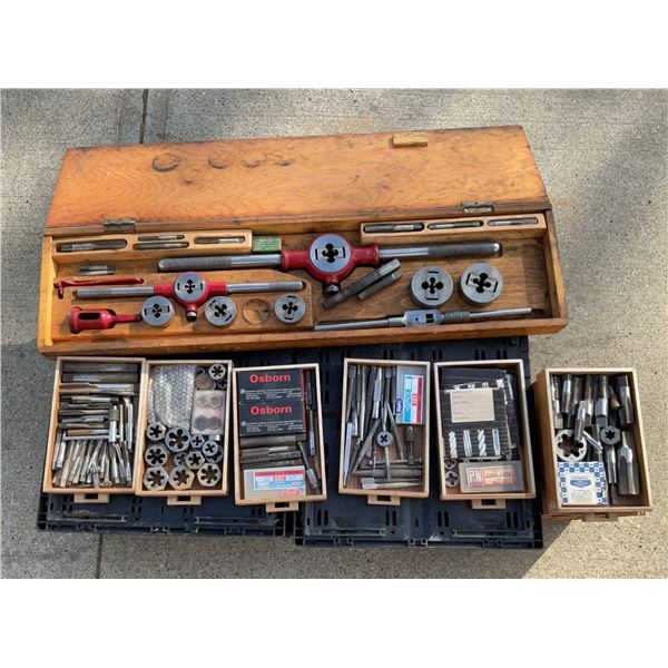 Tap and Die Sets in Solid Wood Boxes With Assorted Dies, Taps, and Handles