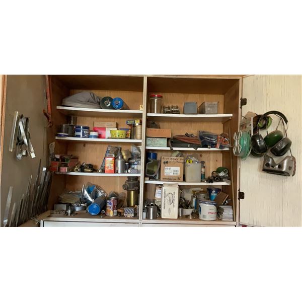 Woodshop Cupboard Lot With Hand Tools, Hardware, Safety Gear, and Shop Supplies