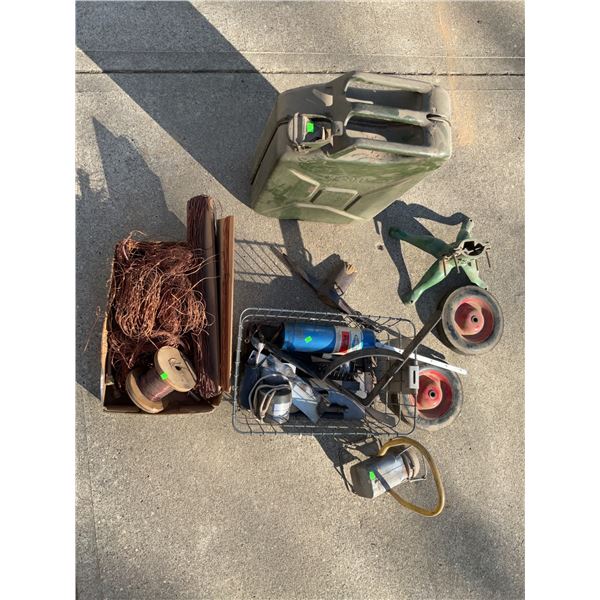 Scrap Copper, 20 L Container, Wheels, Axe Pick Head, Tools and Hardware Assortment
