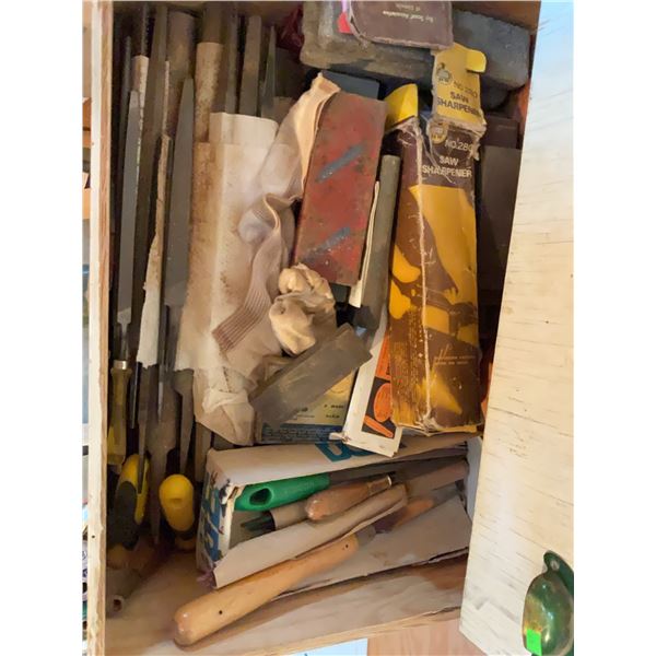 Wood Shop Drawer with Files, Chisels, and Sharpening Stones