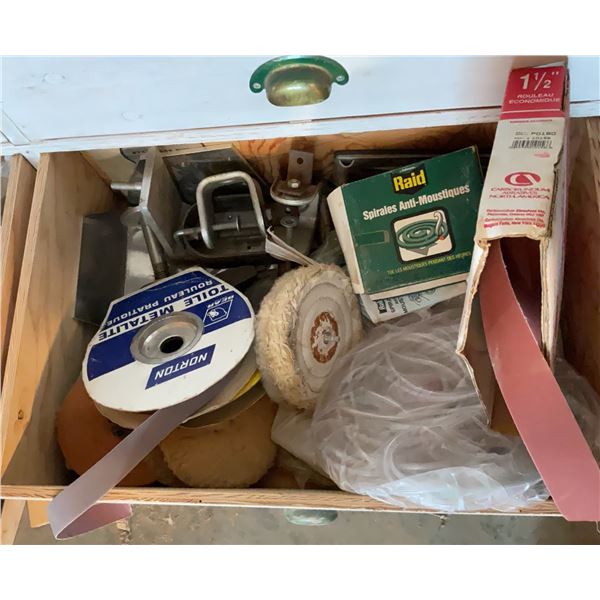 Wood Shop Drawer With Tubing, Sandpaper, Buffing Wheels, and Assorted Hardware