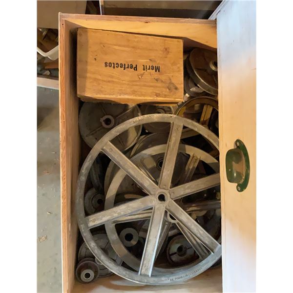 Wood Shop Drawer Lot with Metal Pulleys and Assorted Shop Hardware