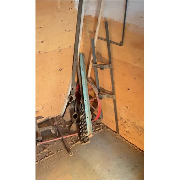 Woodshop Corner Lot with Hand Tools, Metal Parts, Pulleys, and Racks as Pictured