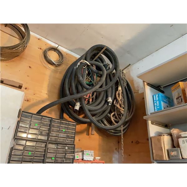 Wood Shop Wall-Mounted Lot with Hoses, Sump Pump, Chains, Wires and Rope