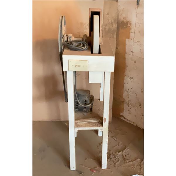 Bench Mounted Grinder with Electric Motor and Large Flywheel on Stand