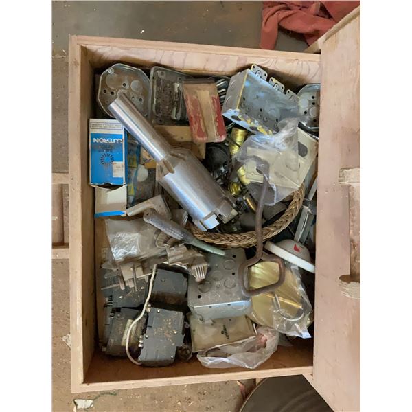 Wood Shop Drawer Lot with Metal Electrical Boxes, Outlets, and Assorted Hardware