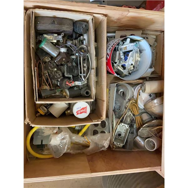 Wood Shop Drawer Lot With Electrical Parts, Outlet Covers, Breakers, Switches, Hardware