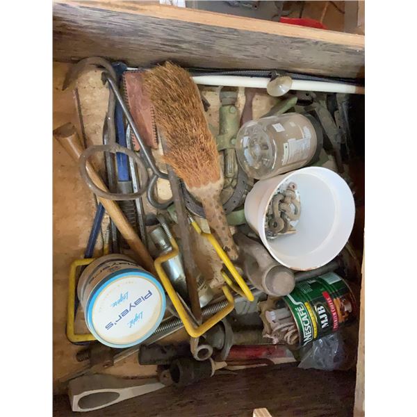 Wood Shop Drawer Lot With Hand Tools, Screws, Fasteners, Jar and Tin Containers